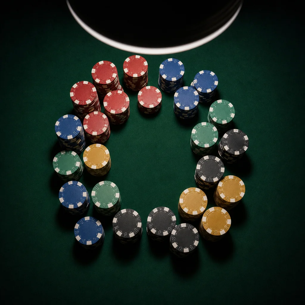 Macro shot of stacked casino chips with selective green accent