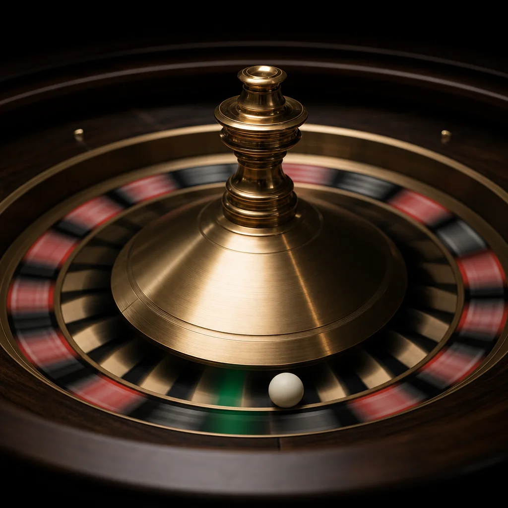 Roulette wheel in motion with selective green accent